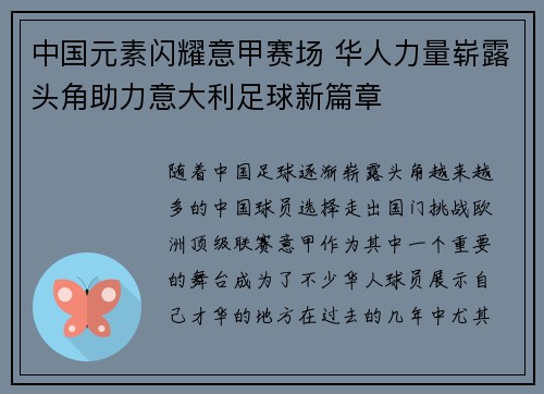 中国元素闪耀意甲赛场 华人力量崭露头角助力意大利足球新篇章